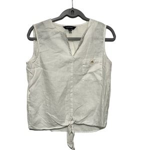 Ellen Tracy Medium Linen Split Neck Tie Waste Sleeveless Blouse